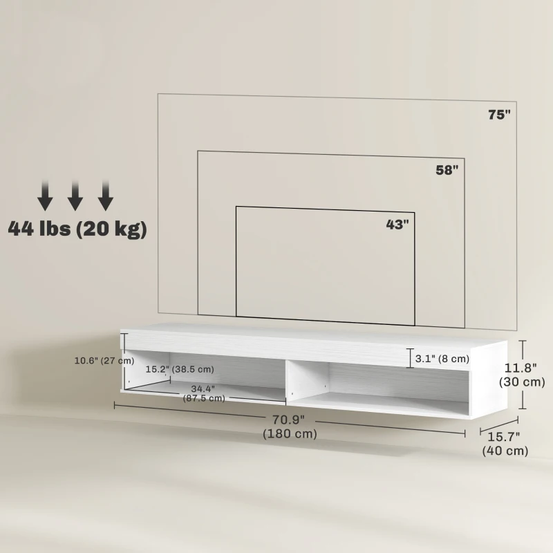 HOMCOM Modern Wall Mounted TV Stand with Storage and LED Lights for TVs up to 75", Floating TV Shelf for Living Room, White