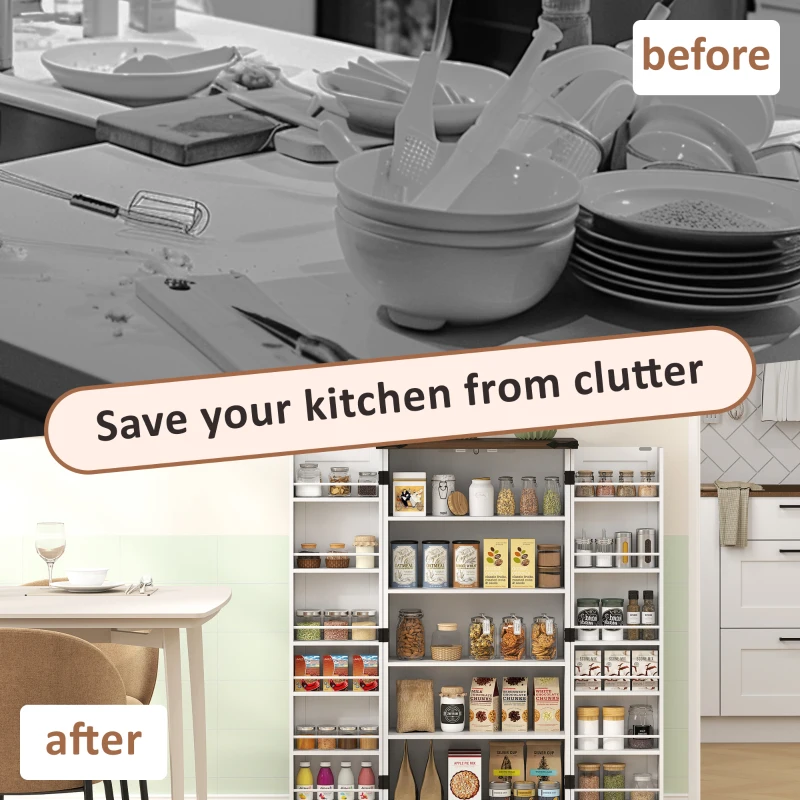 HOMCOM 47" Kitchen Pantry Storage Cabinet, Farmhouse Kitchen Pantry Cabinet with Adjustable Shelves and Door Shelves, White