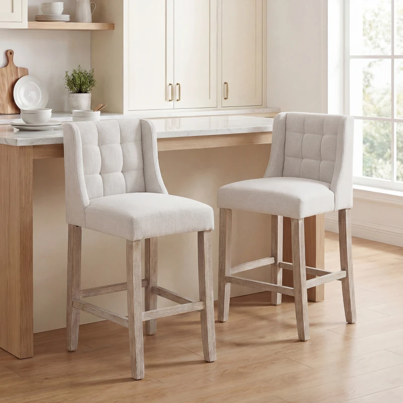 HOMCOM Modern Counter Bar Stools Tufted Upholstered Counter Chairs Set of 2 for Kitchen, Beige