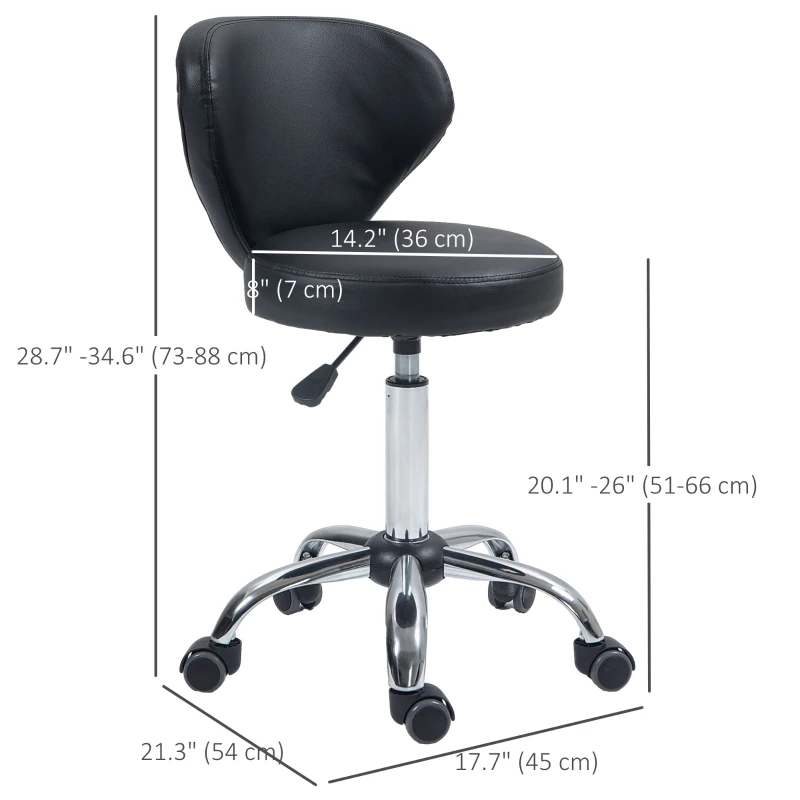 HOMCOM Adjustable Swivel Salon Stool with Backrest and Wheels, Office & Living Room Chair, Synthetic Leather, Black