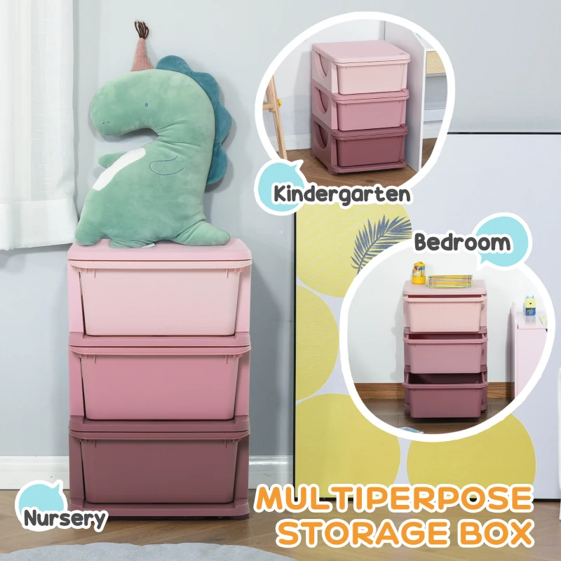 Qaba 3 Tier Kids Storage Unit, 3 Drawer Chest Toy Organizer Plastic Bins for Kids Bedroom Nursery Kindergarten Living Room for Boys Girls Toddlers, Pink
