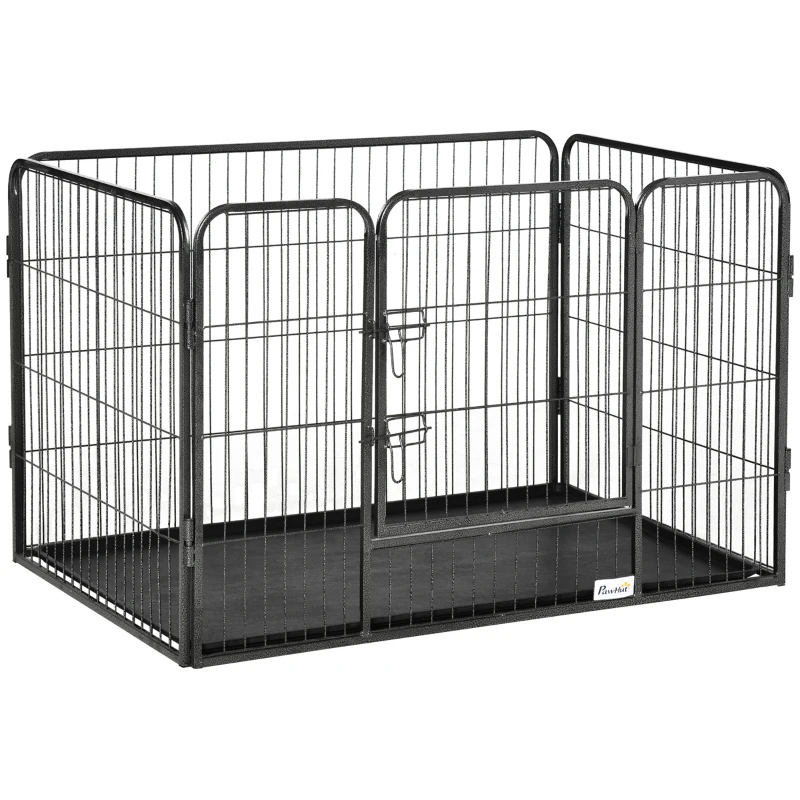 PawHut 4 Panels Dog Playpen, Heavy Duty Dog Fence, 28" H Portable Pet Playpen with Door Double Locking Latches, Tray, Grey