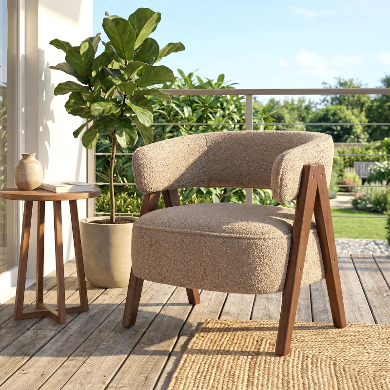 HOMCOM Sherpa Fleece Accent Chair, Upholstered Armchair with Solid Wood Legs and Steel Frame for Living Room, Light Brown