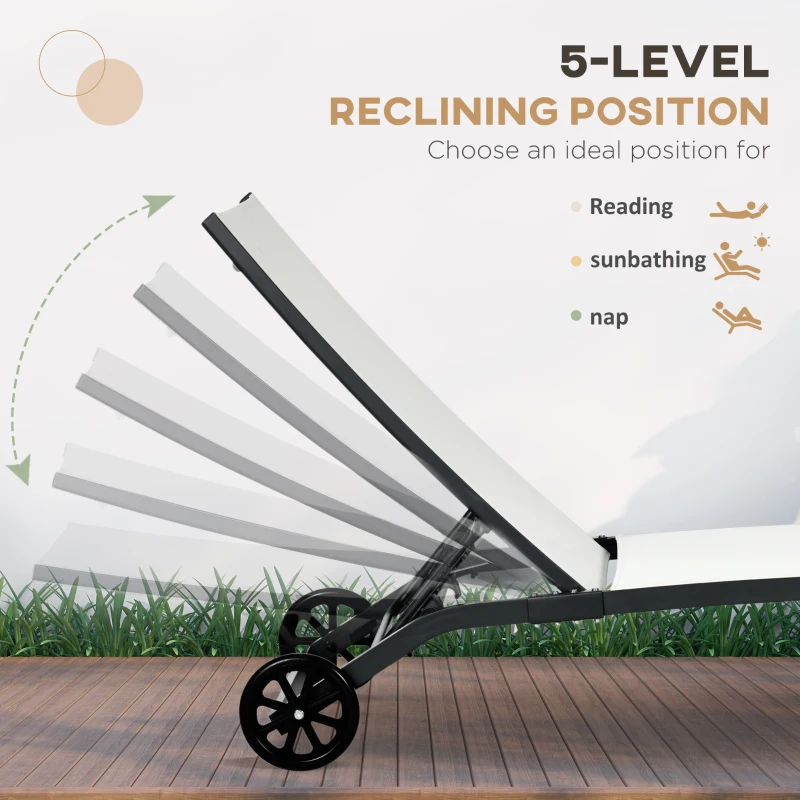 Outsunny Outdoor Lounge Chair Set of 2, Tanning Chair with Wheels, Breathable Mesh for Patio, Backyard, Poolside, Cream White