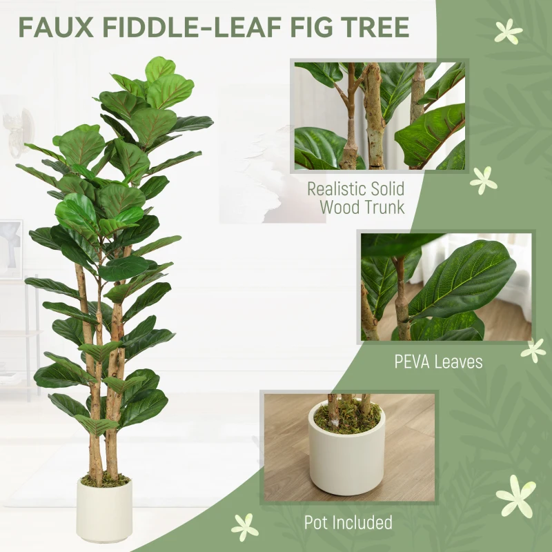 HOMCOM 5FT Artificial Fiddle Leaf Fig Tree, Fake Potted Tree with Solid Wood Trunks for Indoor Decor, Green
