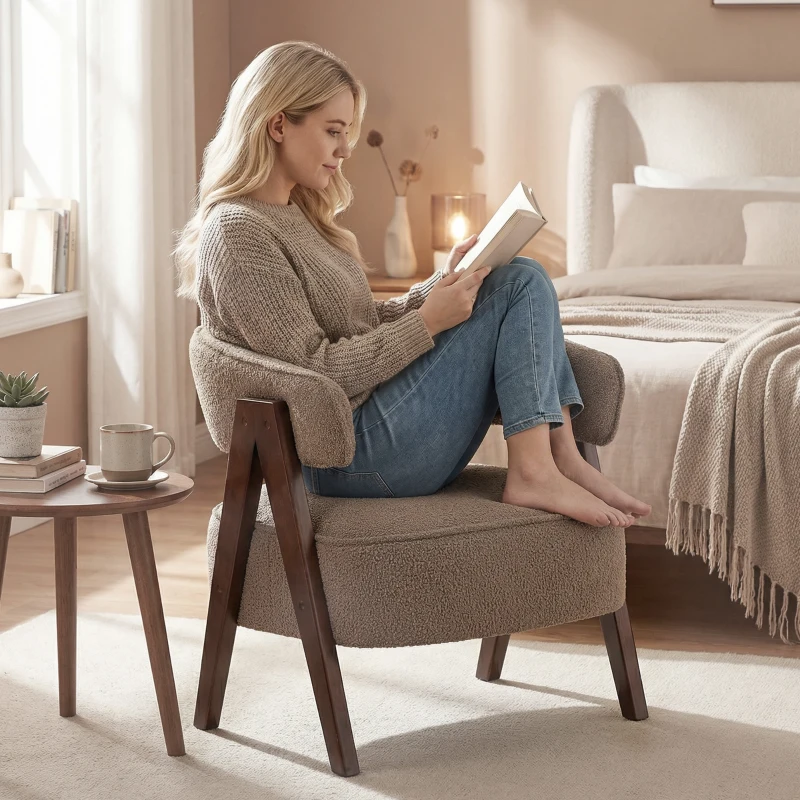 HOMCOM Sherpa Fleece Accent Chair, Upholstered Armchair with Solid Wood Legs and Steel Frame for Living Room, Light Brown