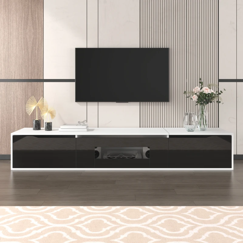 High-Gloss TV Stand with Colour-Changing LED Lighting and Versatile Mounting Options, Easy to Install, 71" L x 12" W x 12" H, Black+White