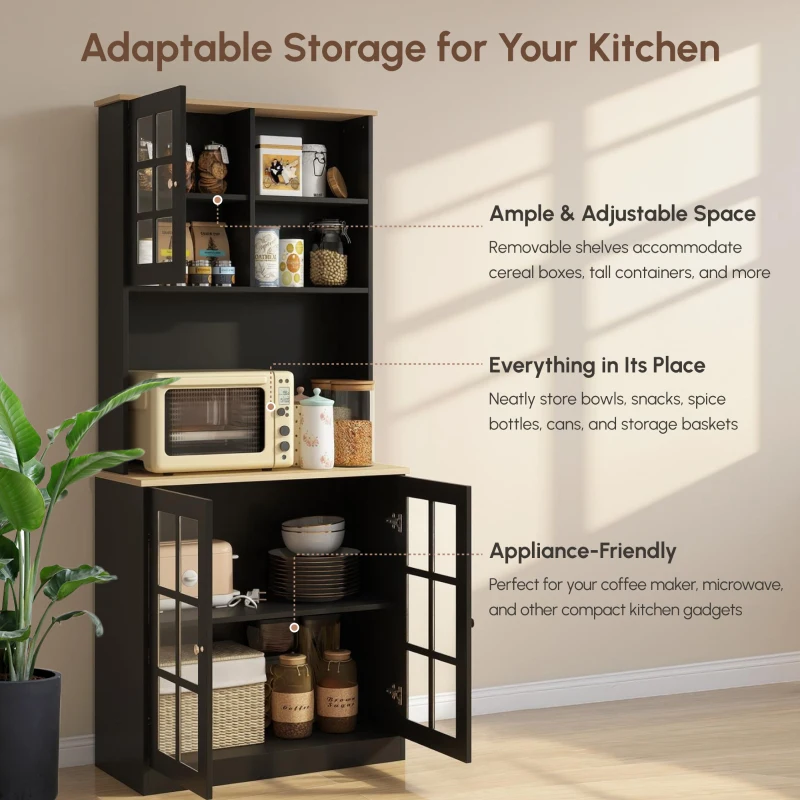 HOMCOM Kitchen Buffet with Hutch, Storage Pantry with 3 Cabinets, 2 Open Shelves and Large Countertop, Black(m-4)