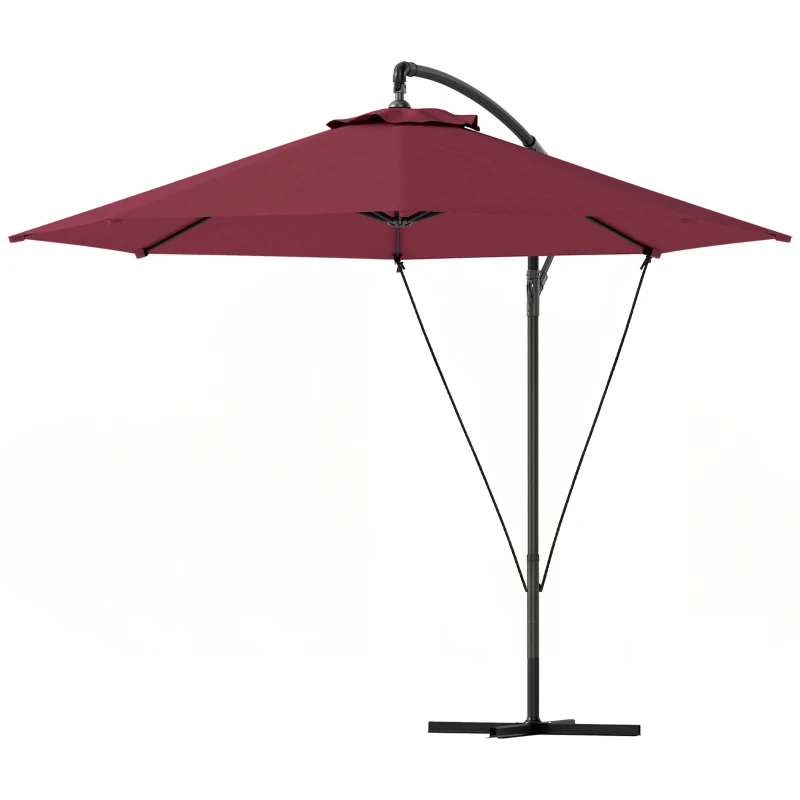 Outsunny 9.5' Cantilever Umbrella with Wind Protection Strap and Cover, Hanging Umbrella with Crank and Cross Base, UPF 50+, Red