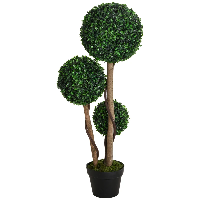 HOMCOM 35 Inch Potted Fake Plant, Artificial Boxwood Topiary Tree, Triple Ball Tree for Indoor and Outdoor, Dark Green