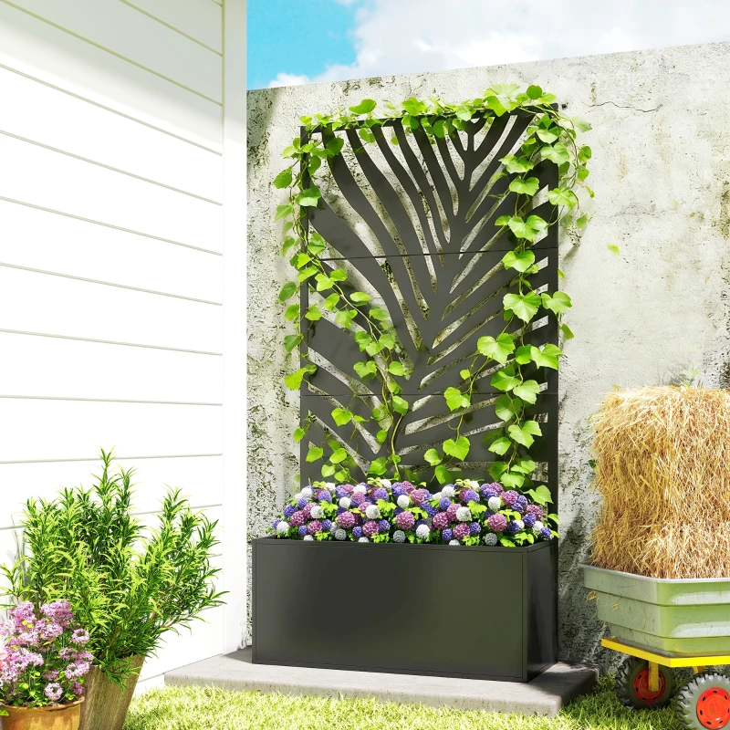 Outsunny Metal Planter Box with Trellis, Raised Garden Bed with Trellis Large Leaf Cut-Out Privacy Screen for Climbing Plants