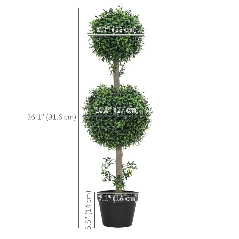 HOMCOM 2 Pack 36.1" Artificial Trees, Boxwood Topiary Ball Trees with Pot for Indoor, Outdoor, Home Office, Living Room, Green