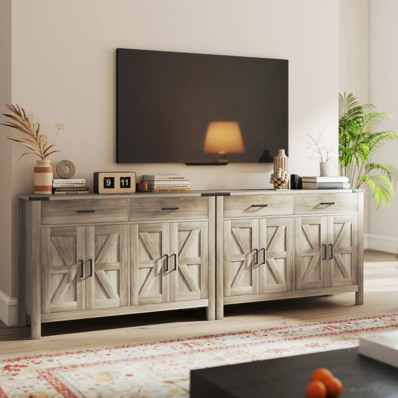 HOMCOM Side Cabinet, Farmhouse Kitchen Storage Cabinet w/ 2 Drawers and Shelves for Living Room, Entryway, Grey