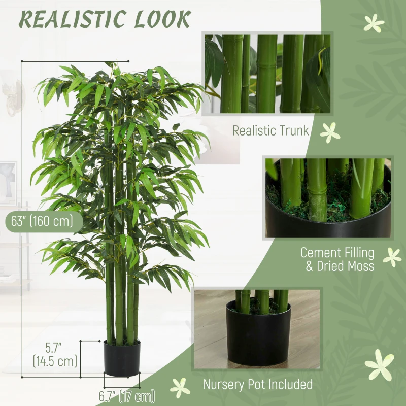HOMCOM 5.3ft Artificial Tree Set of 2, Indoor Fake Bamboo with Pot, for Home, Office, and Living Room Decor