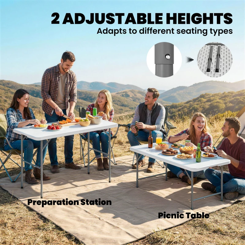 Outsunny 47" x 24" Folding Camping Table, Picnic Table with 2 Adjustable Heights and Carrying Handle, Indoor Outdoor Use, White