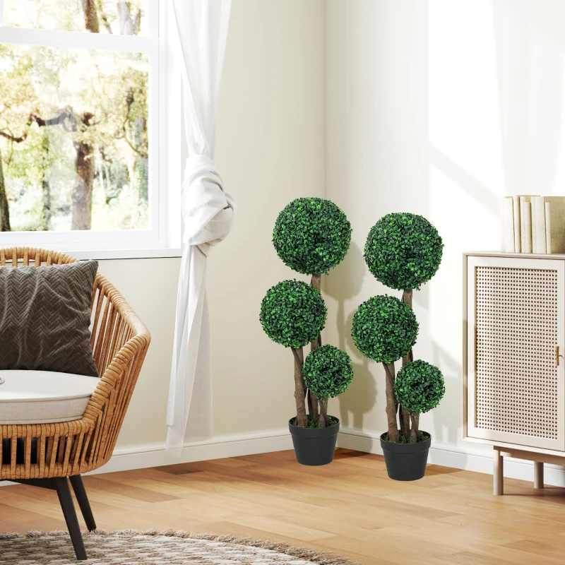 HOMCOM 35 Inch Potted Fake Plant Set of 2, Artificial Boxwood Topiary Tree, Triple Ball Tree for Indoor and Outdoor, Green