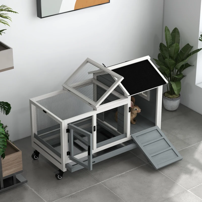 PawHut Rabbit Cage with Wheels, Ramp, Run, Tray for Indoor Outdoor, Suitable for Rabbit, Guinea Pig, Grey