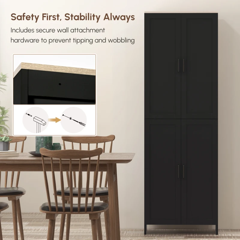 HOMCOM 67" 4-Door Kitchen Pantry Cabinet, Freestanding Storage Cabinet Cupboard with Adjustable Shelves, Black