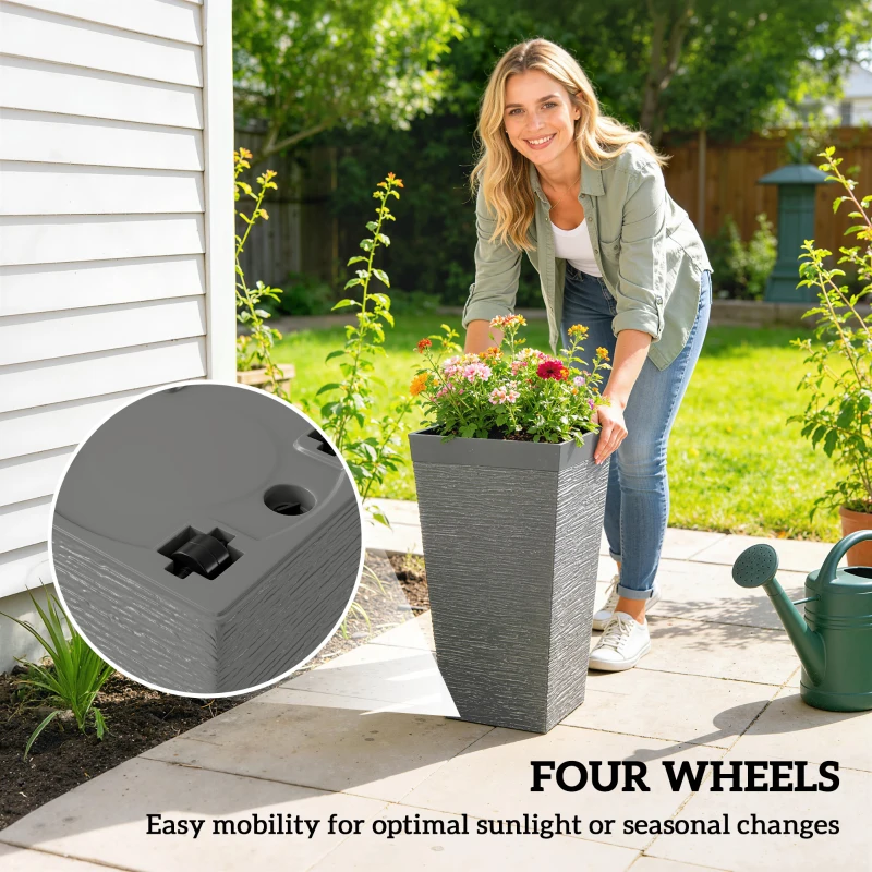 Outsunny 22.8 Inch Set of 3 Outdoor Planters with Stone Finish and Wheels, Stackable Tapered Planters with Drainage Hole, Gray
