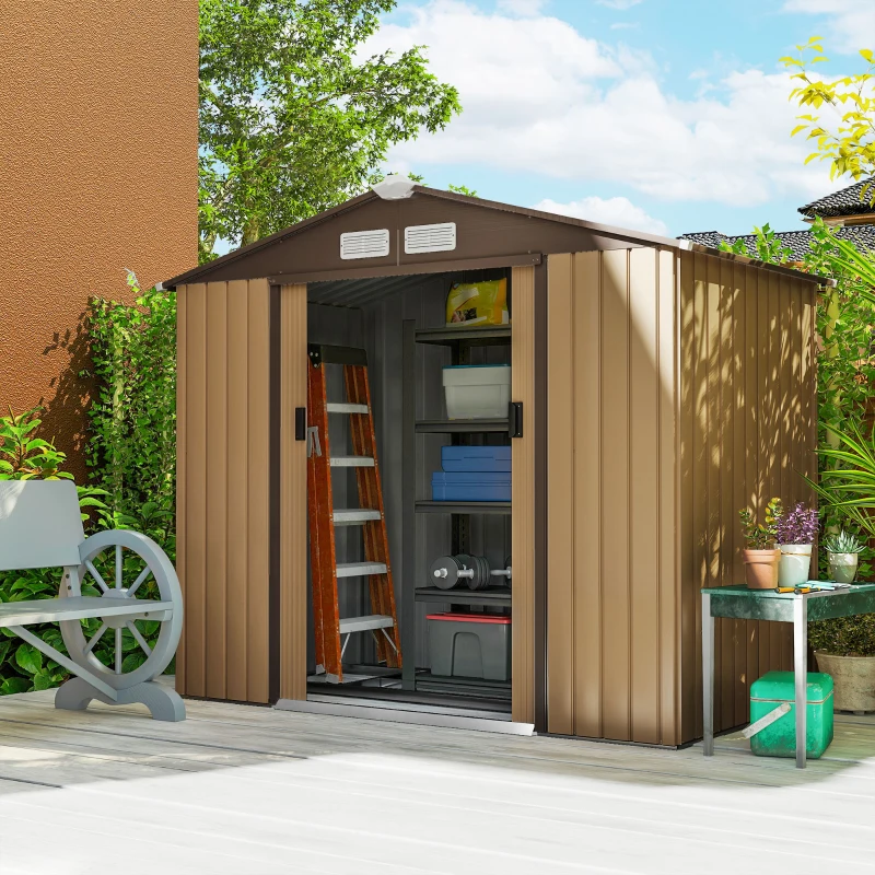 Outsunny 7' x 4' Outdoor Storage Shed, Garden Tool House w/ Foundation Kit Vents & Sliding Doors for Backyard Patio, Brown
