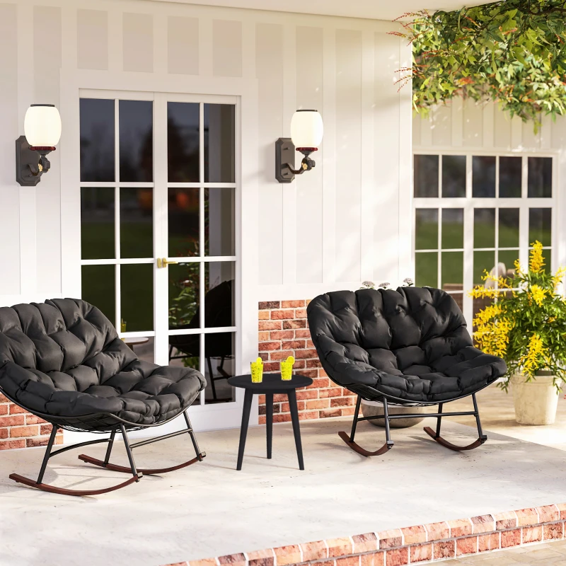 Outsunny Outdoor Rocking Chair Patio Set of 2, Oversized Rocking Papasan Chairs with Cushions for Garden Porch, 265 lbs., Black
