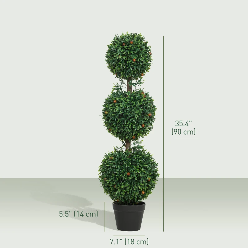 HOMCOM 3.3FT Artificial Boxwood Topiary Tree Set of 2, Faux Three Ball Topiary Tree in Pot for Indoor Outdoor Decor, Green