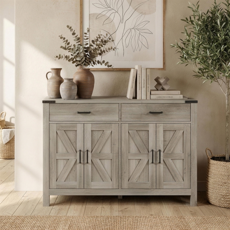 HOMCOM Side Cabinet, Farmhouse Kitchen Storage Cabinet w/ 2 Drawers and Shelves for Living Room, Entryway, Grey