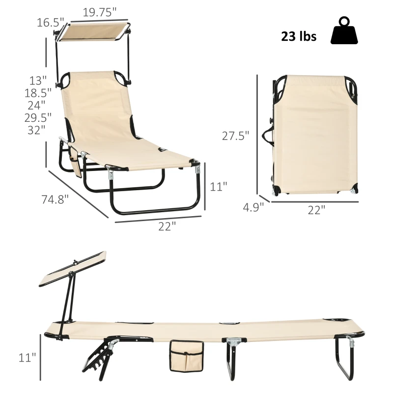 Outsunny Folding Chaise Lounge Pool Lounge Chairs Set of 2, Outdoor Sun Tanning Chairs with Canopy Shade, Reclining Back, Steel Frame and Side Pocket for Beach, Yard, Patio, Tan