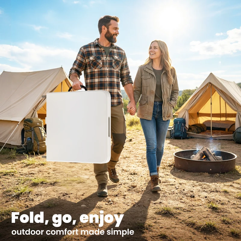 Outsunny 47" x 24" Folding Camping Table, Picnic Table with 2 Adjustable Heights and Carrying Handle, Indoor Outdoor Use, White