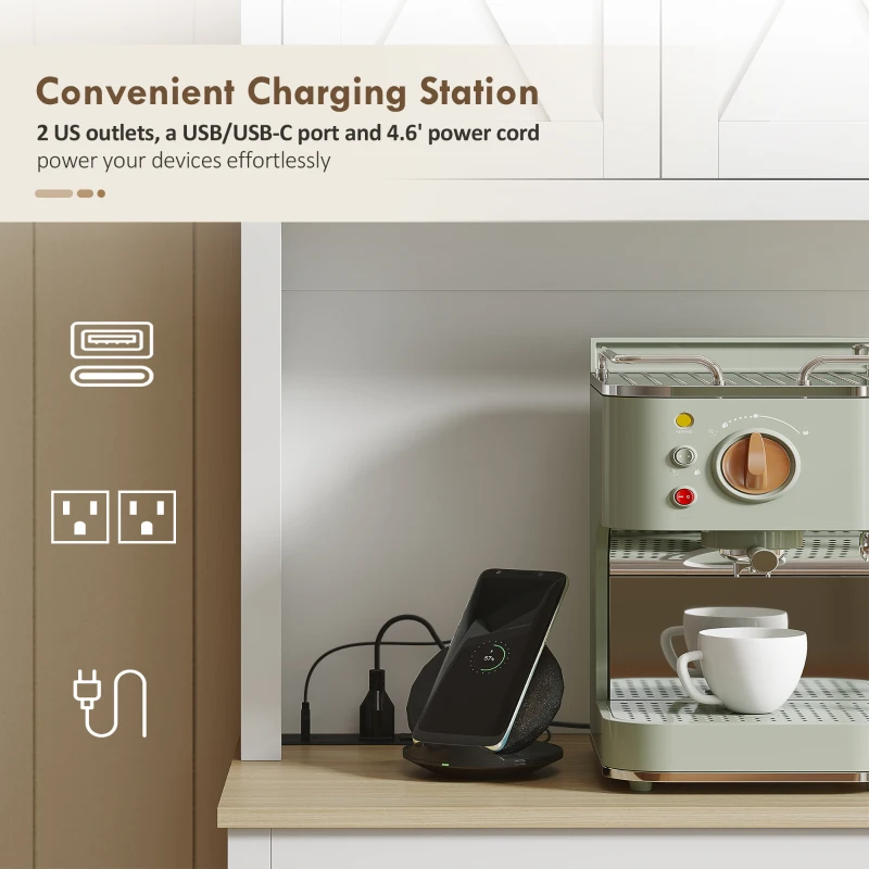 HOMCOM 69" Pantry Cabinet with Charging Station, Kitchen Cabinet with Microwave Stand, Tilt-Out Trash Can Cabinet, White