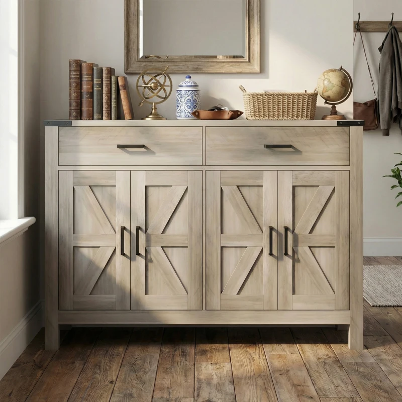 HOMCOM Side Cabinet, Farmhouse Kitchen Storage Cabinet w/ 2 Drawers and Shelves for Living Room, Entryway, Grey