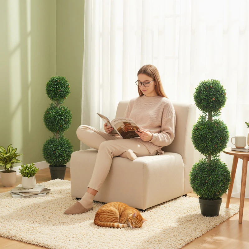 HOMCOM 3.3FT Artificial Boxwood Topiary Tree Set of 2, Faux Three Ball Topiary Tree in Pot for Indoor Outdoor Decor, Green