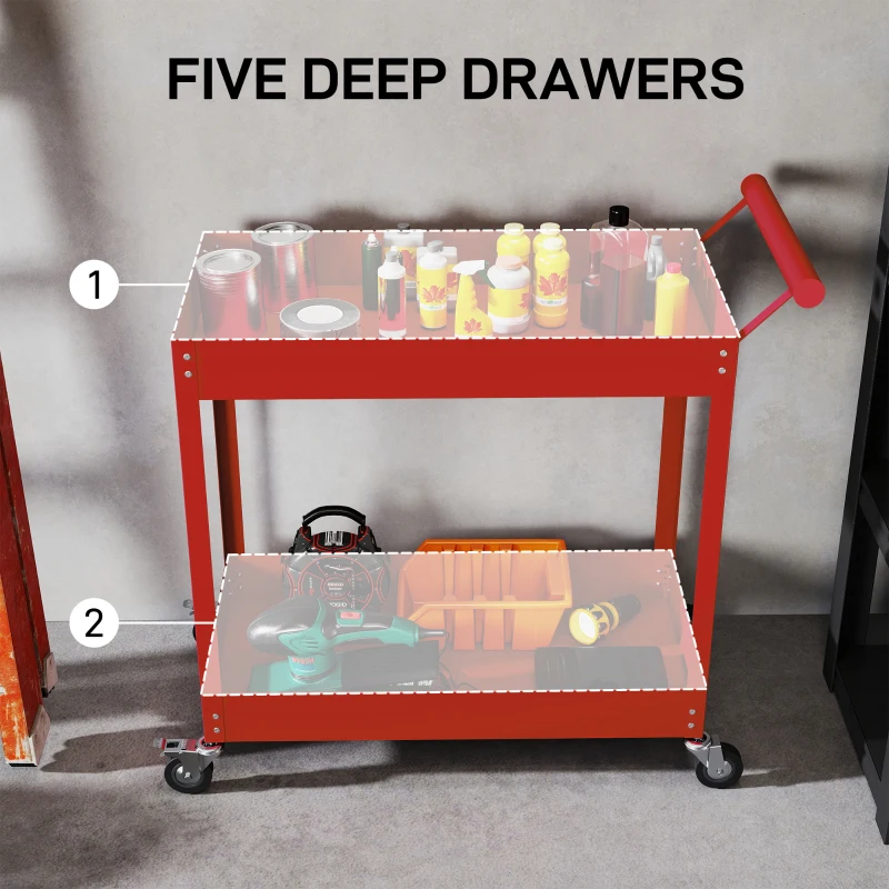 DURHAND Rolling Tool Cart, 2 Tier Mobile Service Utility Cart with Wheels, Red
