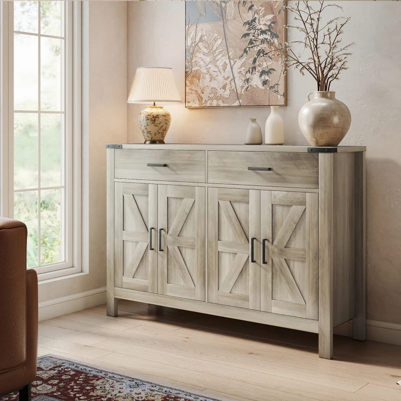 HOMCOM Side Cabinet, Farmhouse Kitchen Storage Cabinet w/ 2 Drawers and Shelves for Living Room, Entryway, Grey