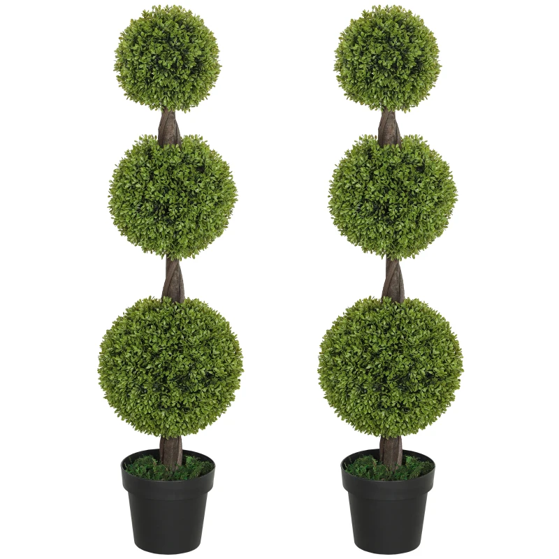 HOMCOM Set of 2 Artificial Ball Boxwood Topiary Trees, Fake Plants in Pots for Indoor Outdoor Decor, Green