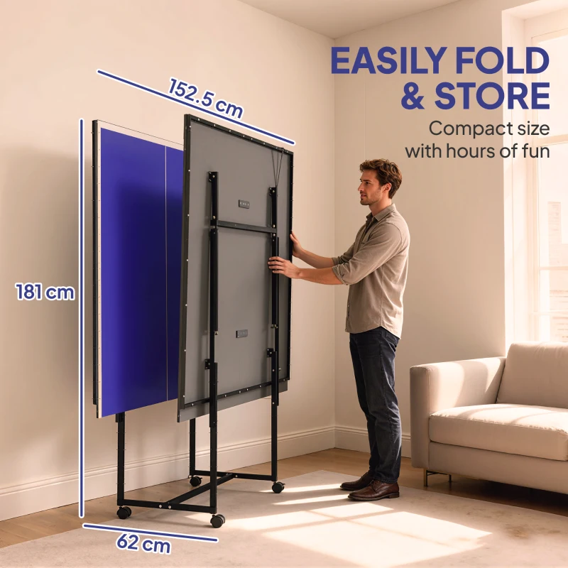 Soozier Full Size Table Tennis Table, Folding Ping Pong Table with Net, Paddles, Balls and Wheels, Blue