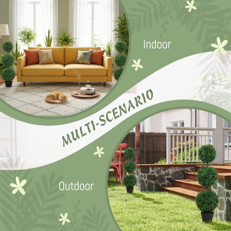 HOMCOM 3.3FT Artificial Boxwood Topiary Tree Set of 2, Faux Three Ball Topiary Tree in Pot for Indoor Outdoor Decor, Green