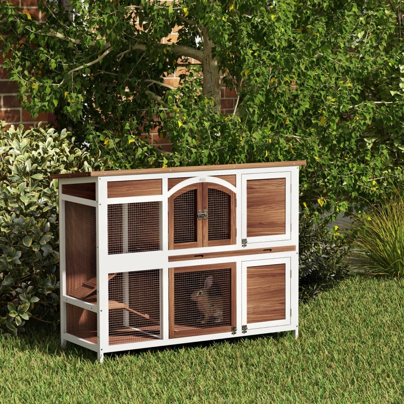PawHut Two-Tier Wooden Rabbit Hutch with Openable Roof, Slide-Out Tray