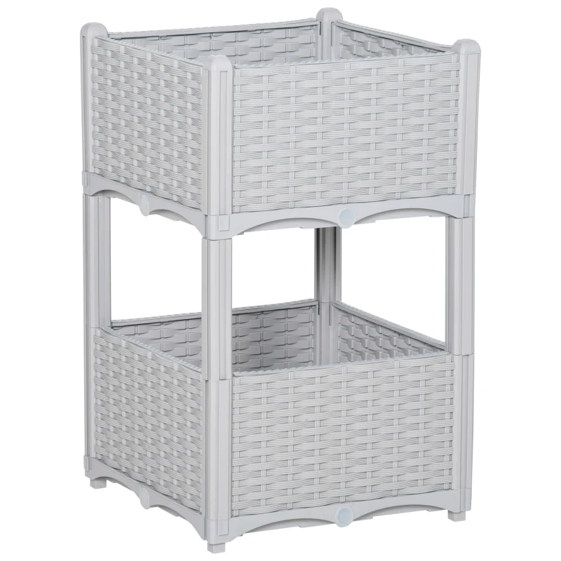 Outsunny 2 Piece Raised Garden Bed PP Raised Flower Bed Vegetable Herb Grow Box Stand Light Grey