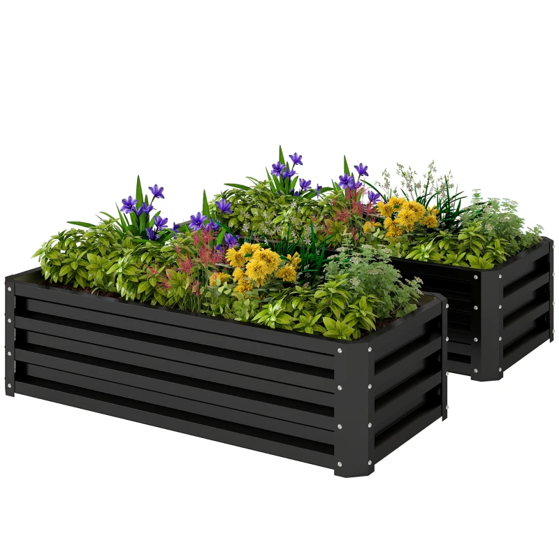 Outsunny Galvanized Raised Garden Beds, Outdoor Planter Box, Set of 2, for Flowers, Herbs and Vegetables, Black