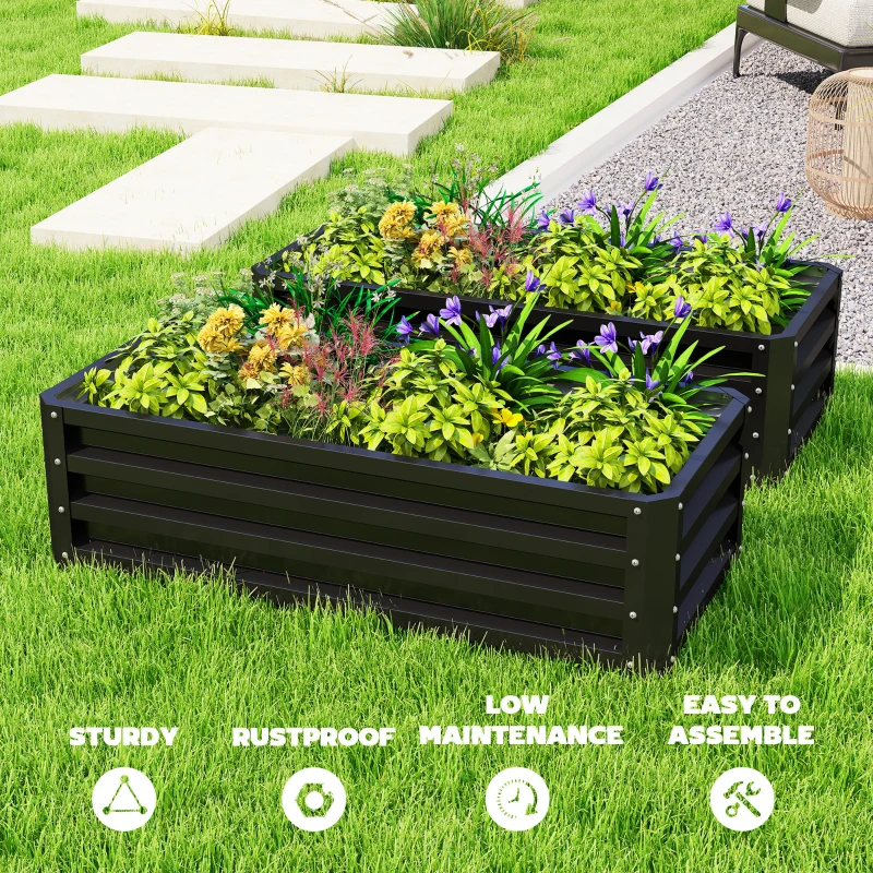 Outsunny Galvanized Raised Garden Beds, Outdoor Planter Box, Set of 2, for Flowers, Herbs and Vegetables, Black