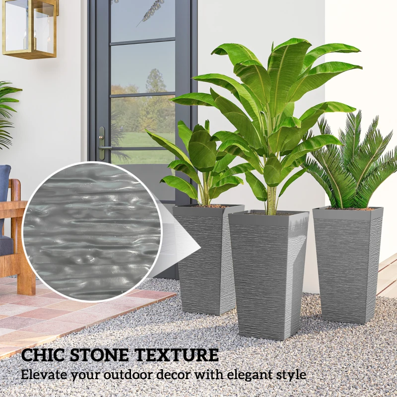 Outsunny 22.8 Inch Set of 3 Outdoor Planters with Stone Finish and Wheels, Stackable Tapered Planters with Drainage Hole, Gray
