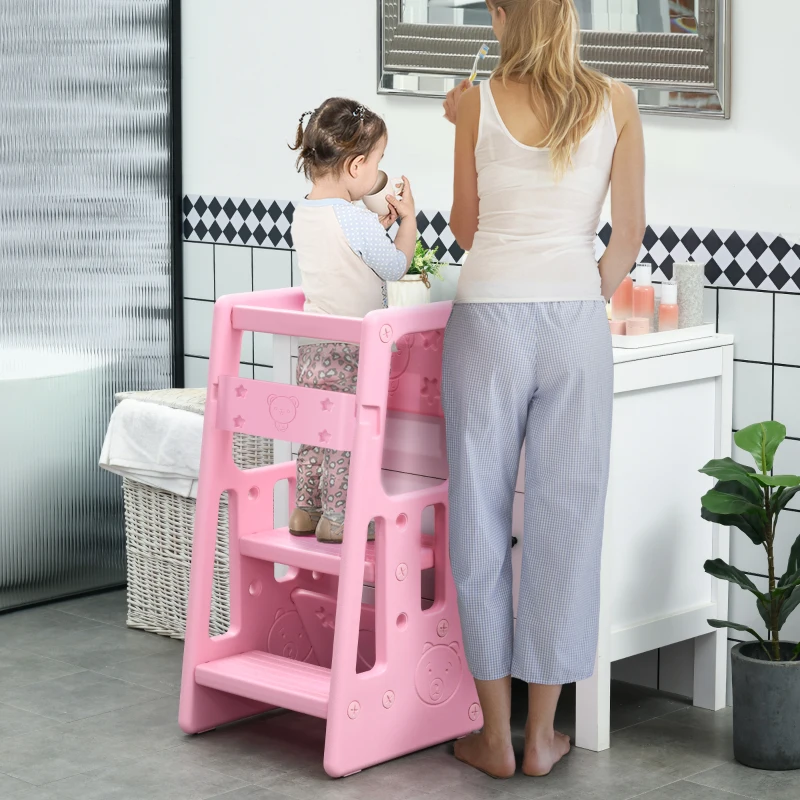 Qaba Toddler Tower with Adjustable Height, Anti-slip Mat, Toddler Step Stool, Pink