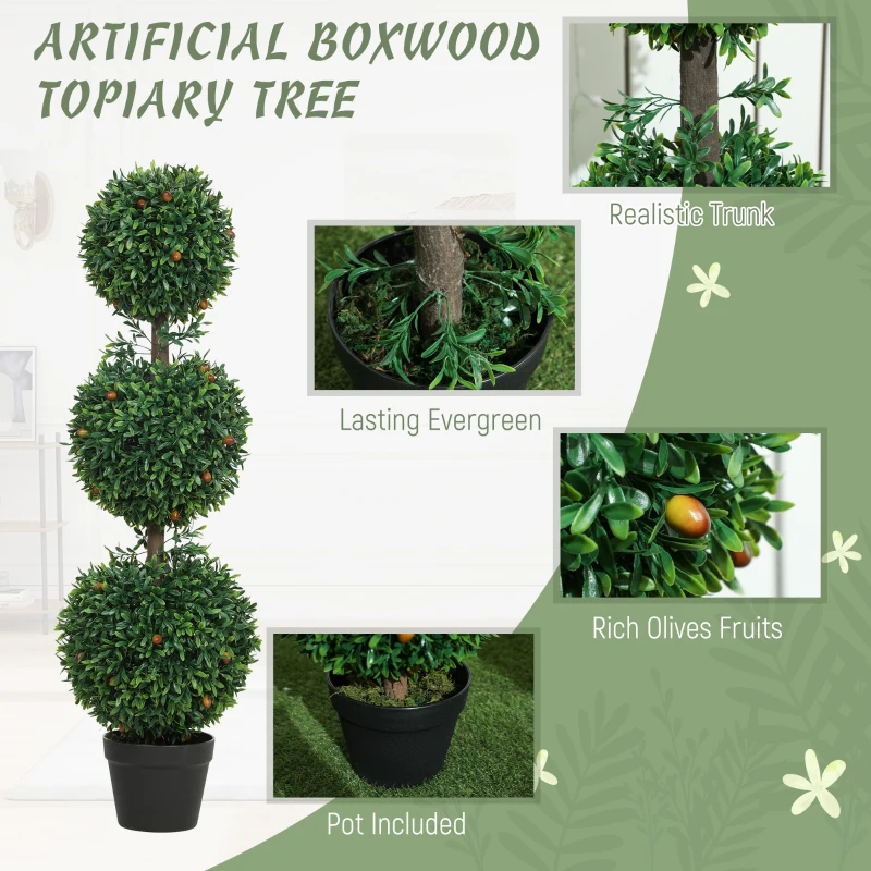 HOMCOM 3.3FT Artificial Boxwood Topiary Tree Set of 2, Faux Three Ball Topiary Tree in Pot for Indoor Outdoor Decor, Green
