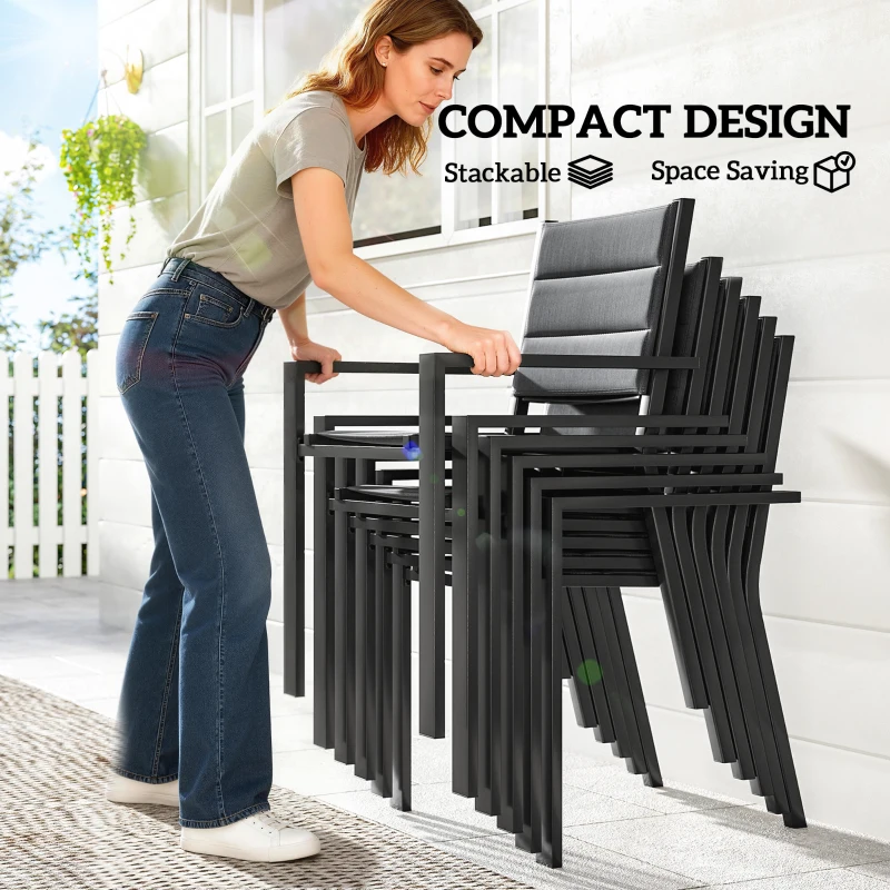 Outsunny Patio Dining Set for 6, Aluminum Expandable Outdoor Table and 6 Stackable Chairs with Padded Back, Mesh Seat, Black