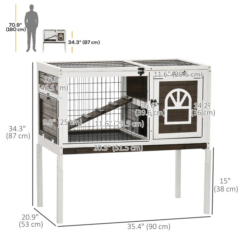 PawHut Rabbit Hutch Dual-Height Design Bunny House with Run Slide-Out Tray White and Coffee