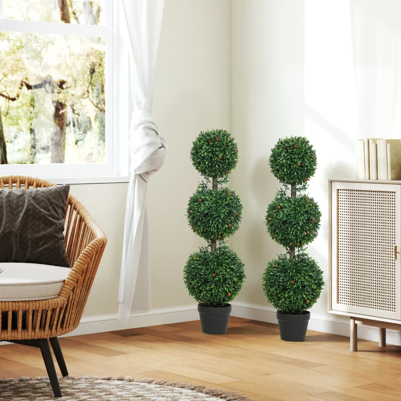 HOMCOM 3.3FT Artificial Boxwood Topiary Tree Set of 2, Faux Three Ball Topiary Tree in Pot for Indoor Outdoor Decor, Green