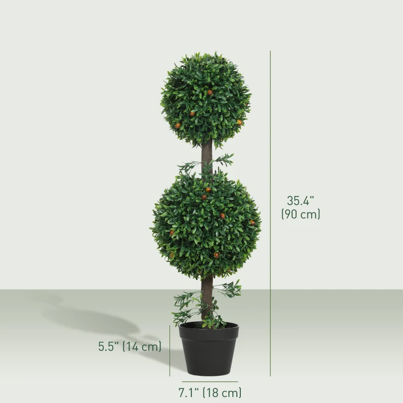 HOMCOM 3FT Artificial Boxwood Topiary Tree Set of 2, Faux Two Ball Topiary Tree in Pot for Indoor Outdoor Decor, Green