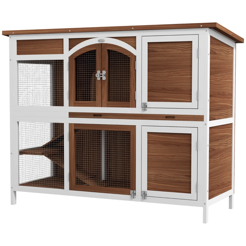 PawHut Two-Tier Wooden Rabbit Hutch with Openable Roof, Slide-Out Tray