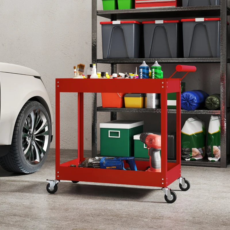 DURHAND Rolling Tool Cart, 2 Tier Mobile Service Utility Cart with Wheels, Red